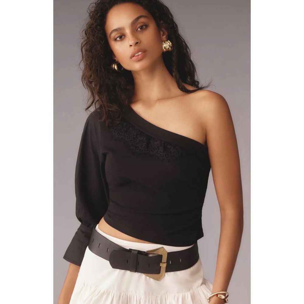 By Anthropologie One Shoulder Puff Sleeve Lace Trim Top Black M NWT OB2001283